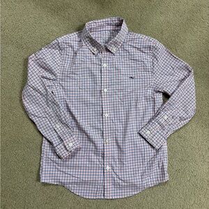 Vineyard Vines Performance Boy’s pinkish-orange and blue plaid button up Shirt